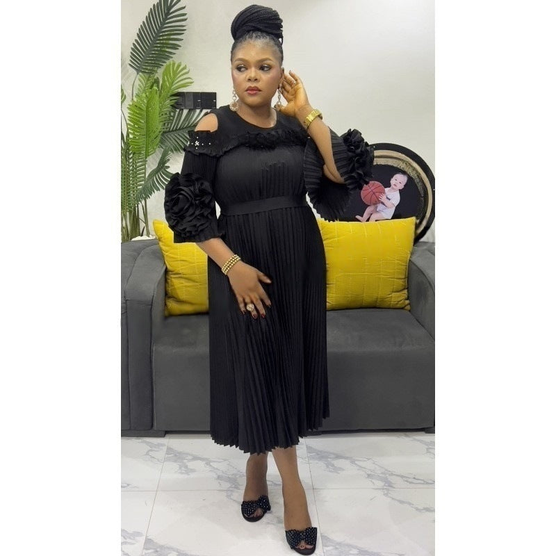 Beaded Cutout-Shoulder Pleated African Chic Loose Dress 9