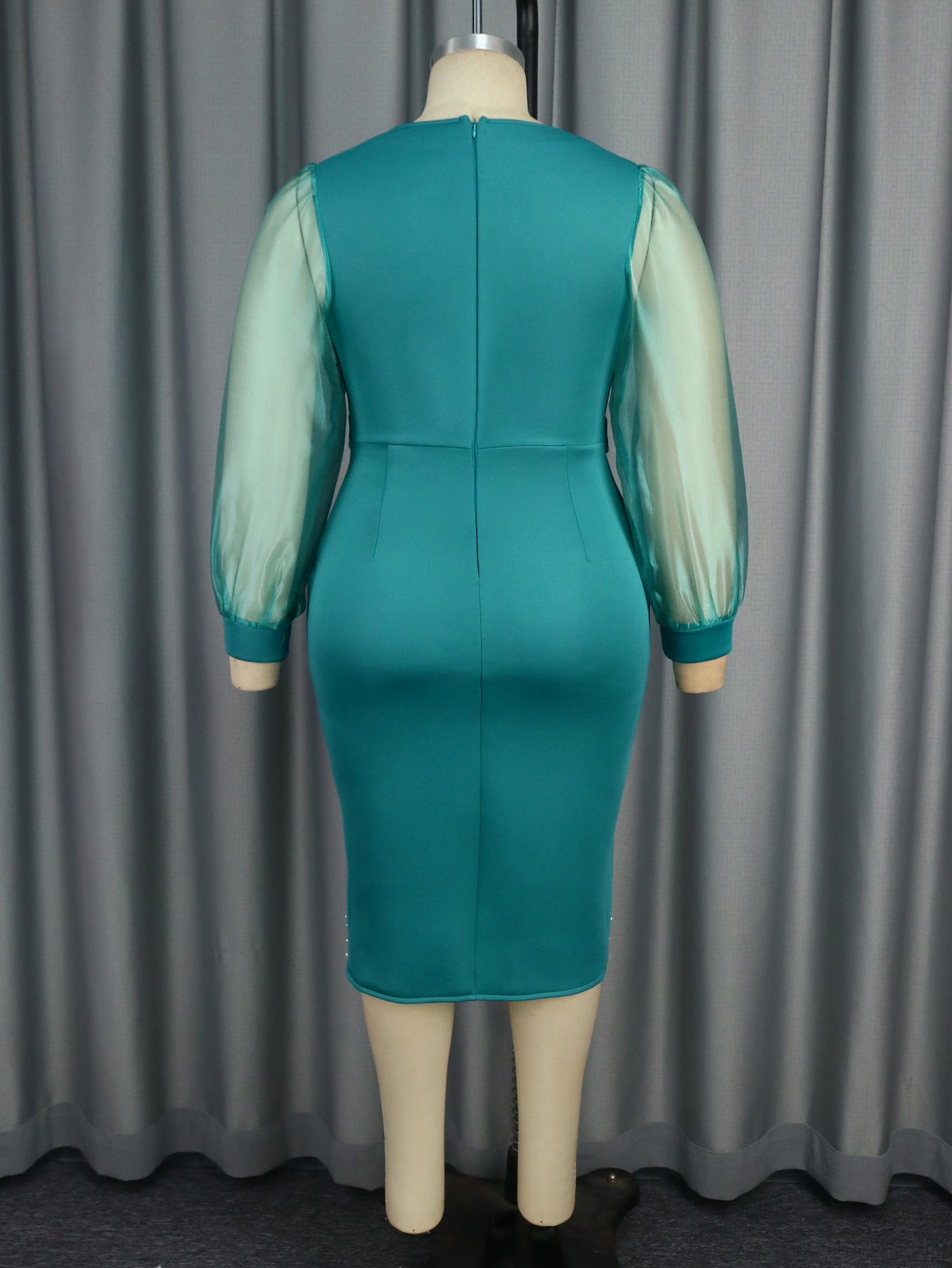 Fashion V-Neck See-Through Puff Sleeve High Waist Midi Dress 6