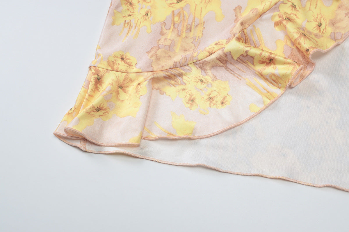 Summer women's sexy chic printed strap slit ruffle long dress 13