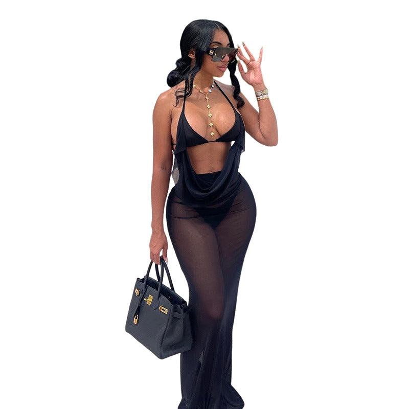 Women Summer Patchwork Sexy Mesh See-Through Backless Maxi Dress 6