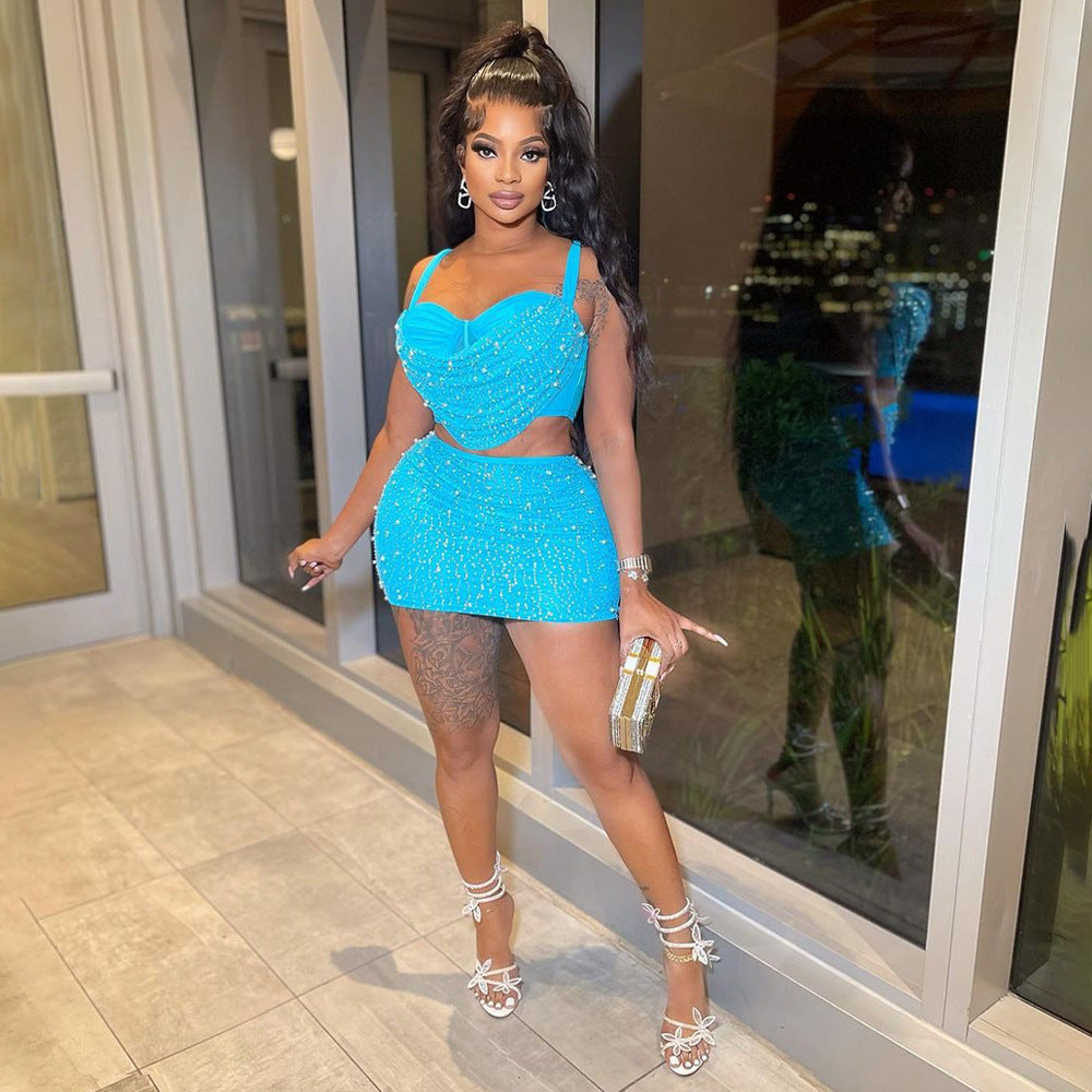 Fashionable Halter Top Bodycon Skirt Beaded Two-Piece Set For Women 8