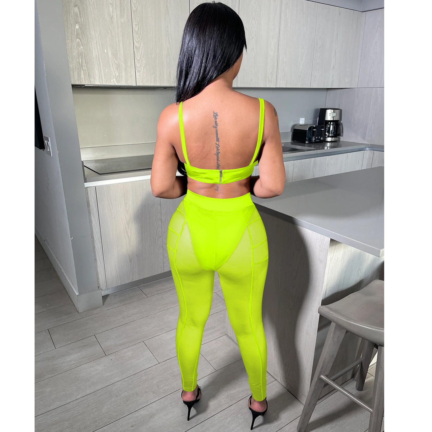 Women sexy bra strap zipper mesh See-Through trousers two-piece set 8