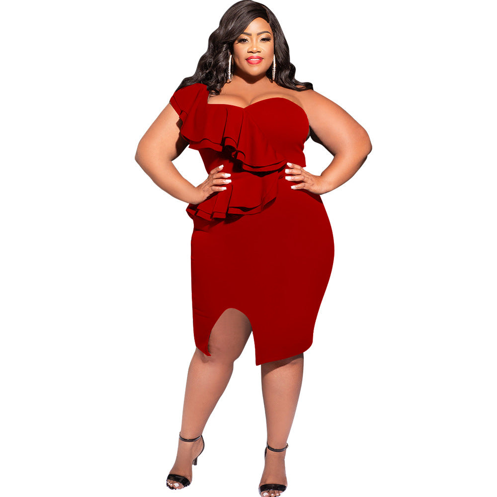 Spring Summer Plus Size Fashion Casual Ruffled Slit One Shoulder Bodycon Slit Dress 13