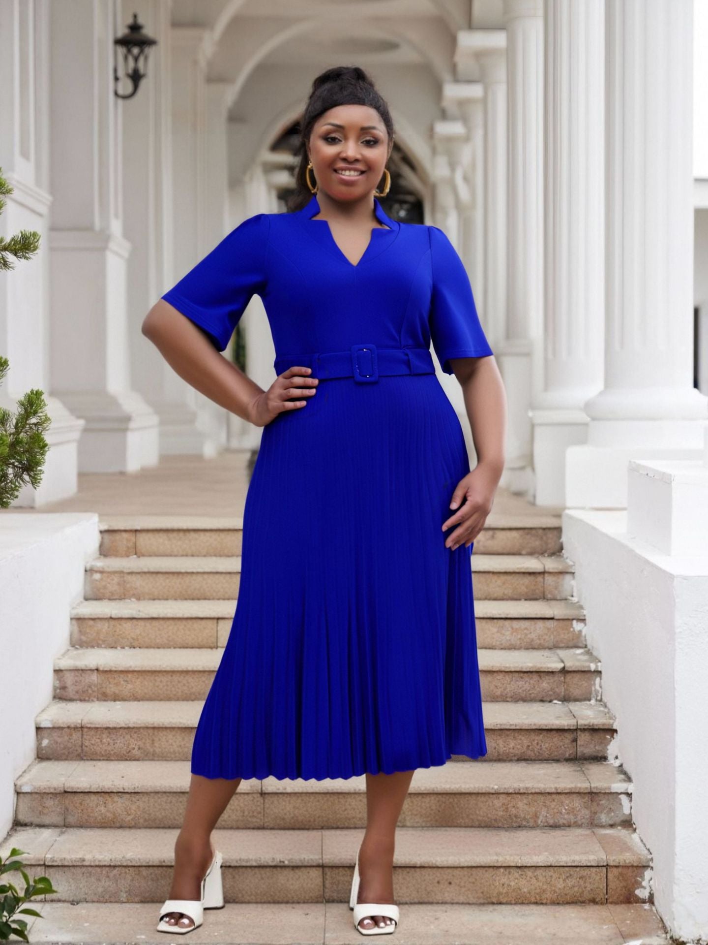 Plus Size Women's Office Summer Short Sleeve Fashion V-Neck High Waist Chic Pleated Long Dress 13