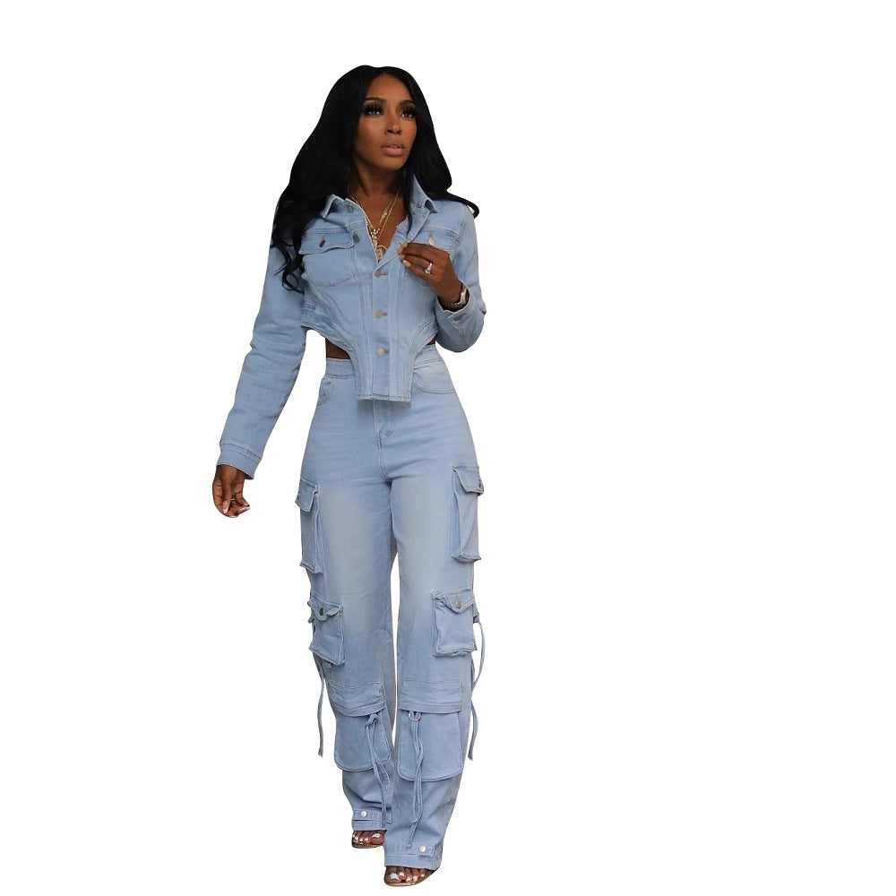 Women Casual Denim Top and Pant Two Piece Set 6