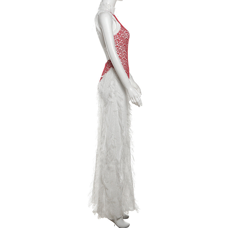 Summer Women's Trendy Sleeveless Fringe See-Through Patchwork Low Back Maxi Dress 6