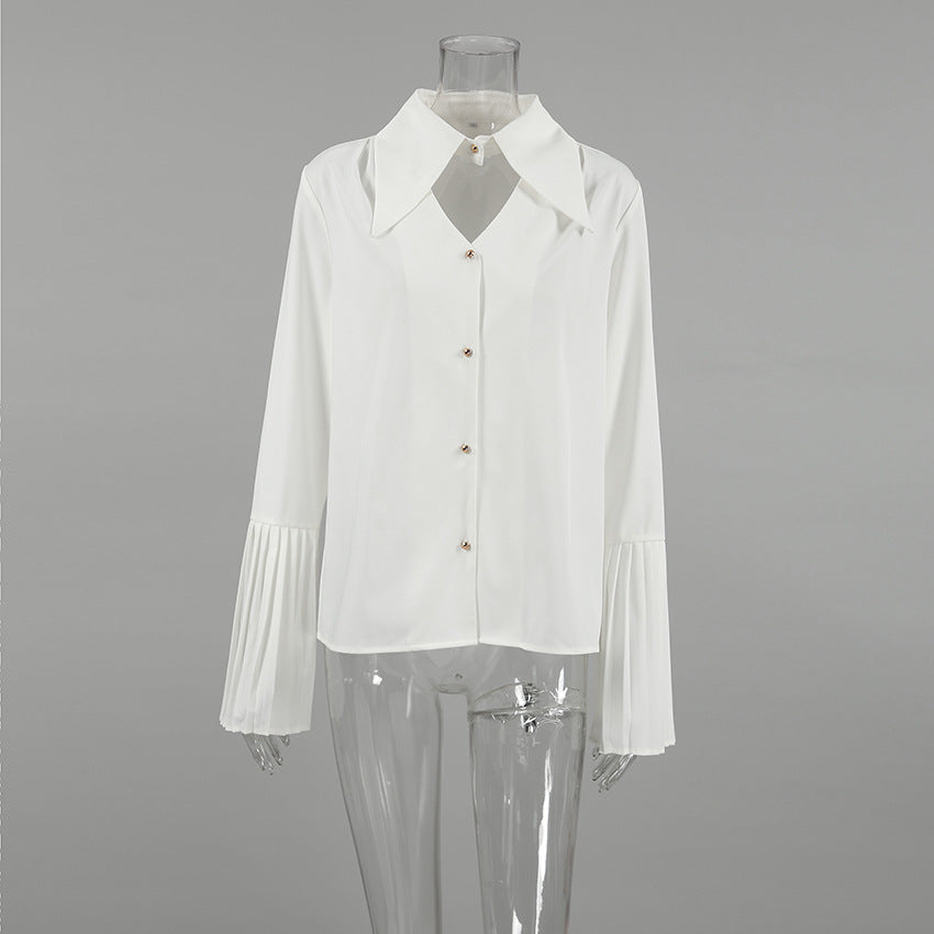 Women white sexy Turndown Collar long-sleeved hollow chiffon shirt 8