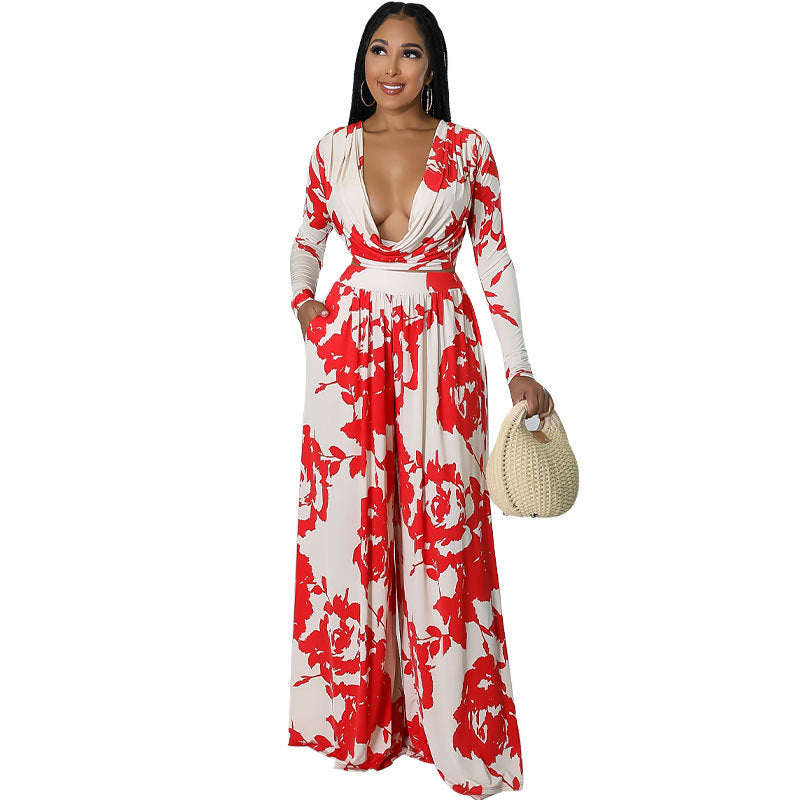 Women's Casual Spring Print Long Sleeve Two Piece Pants Set