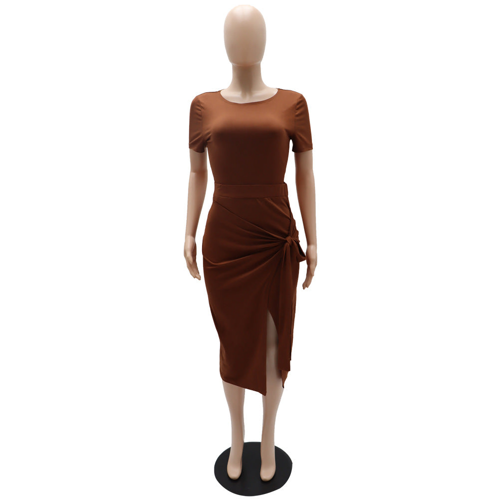 Women Solid T-Shirt and Slit Skirt Two-Piece Set 15