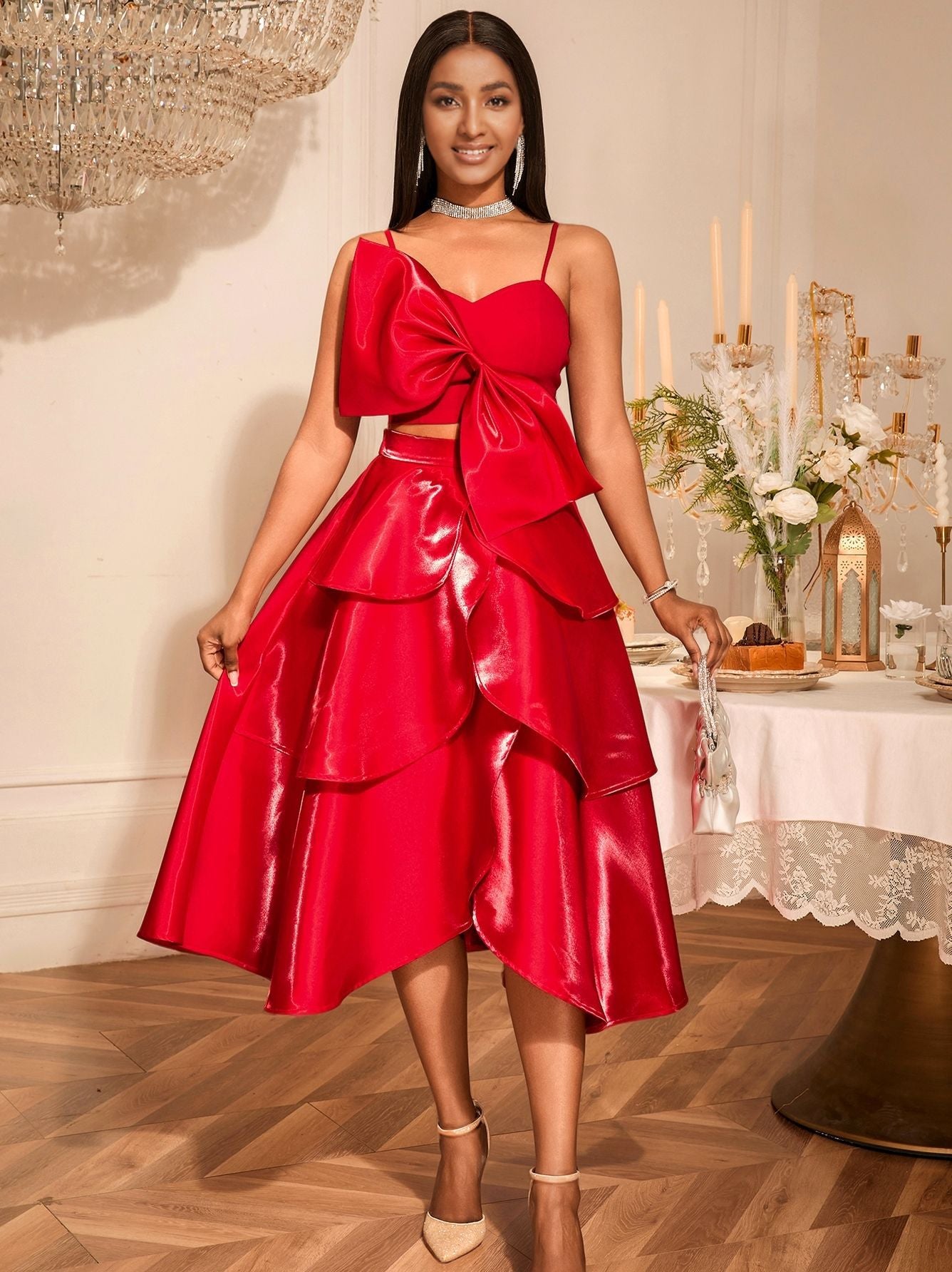 Bow-Detail Sexy Strap Top & Asymmetric Elegant Skirt Two-Piece Set