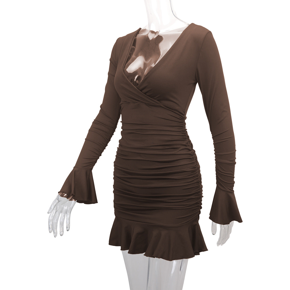 Fashion Sexy Deep V Neck Long Sleeve Ruffle Bodycon Dress 11