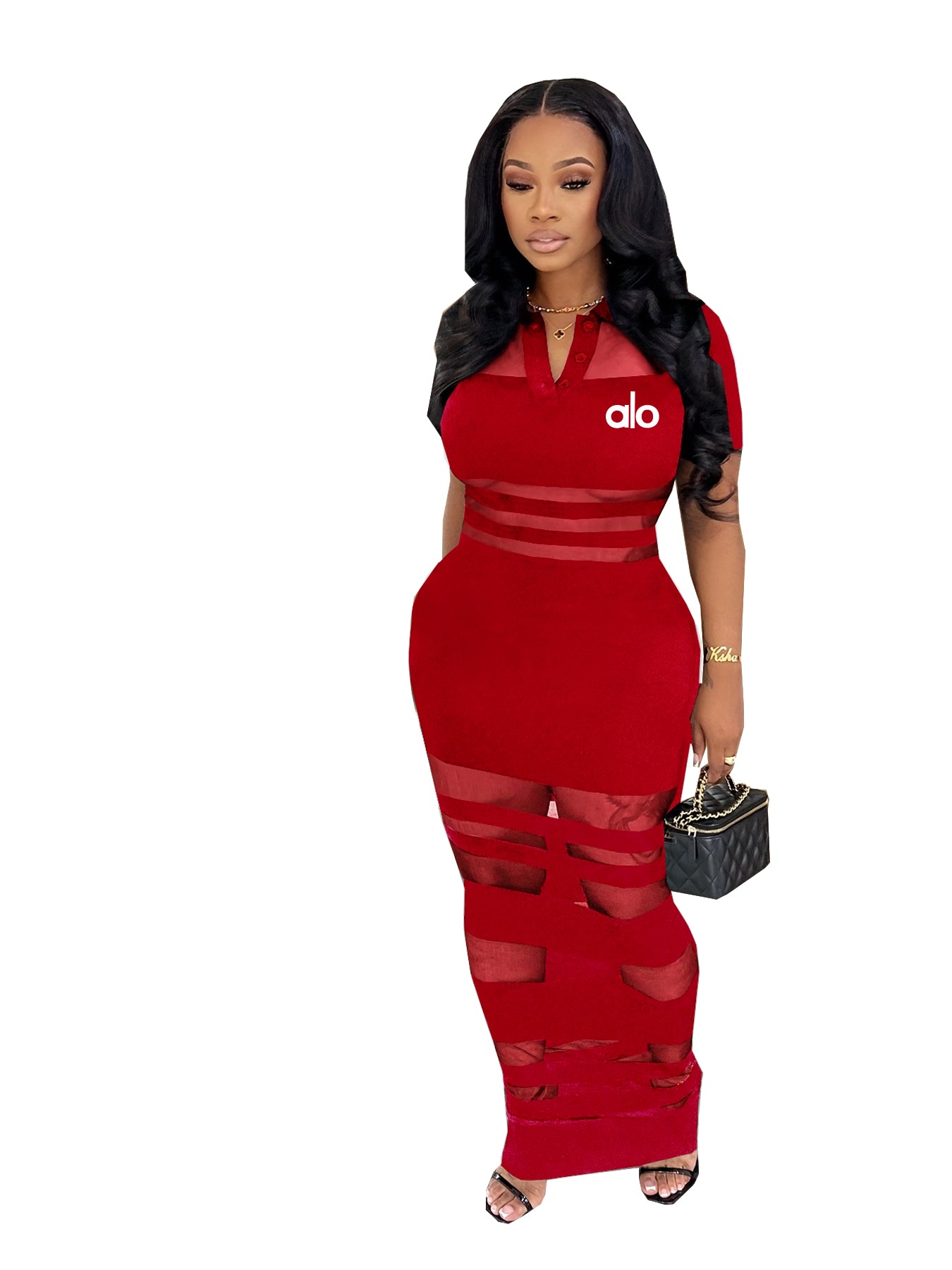 Women Sexy Mesh Patchwork Polo Neck Bodycon Dress 6