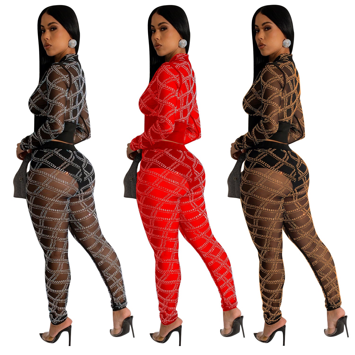 Summer Women's Sexy Beaded Mesh Nightclub Long Sleeve Two-Piece Pants Set For Women 7