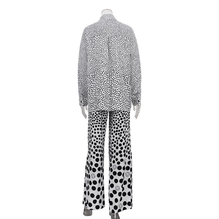 Polka Dot Print Loose Long Sleeve Shirt Wide Leg Pants Fashion Two Piece Set 7
