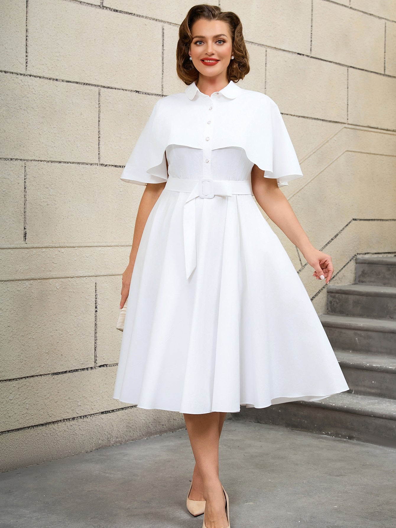 Plus Size White Belted Shirt Dress Cape Sleeve Button-Down A-Line Midi Dress 6