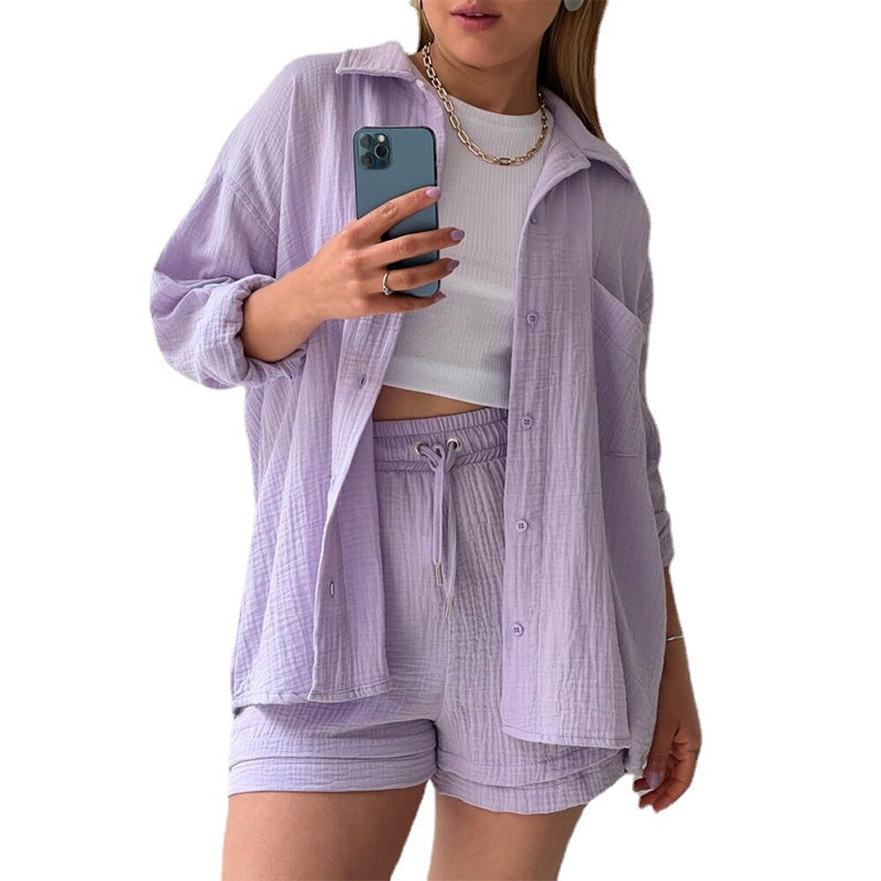 Women's Spring Crinkle Turndown Collar Long Sleeve Shirt High Waist Drawstring Shorts  2PC Set 12