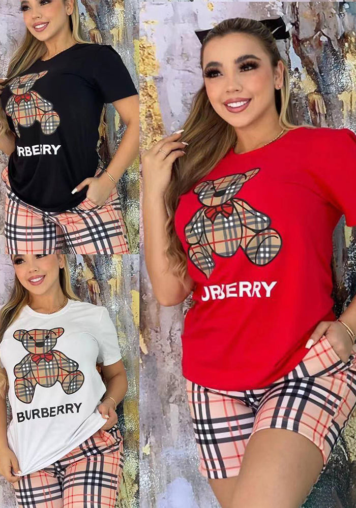Women's Summer Bear Round Neck Short Sleeve Two Piece Shorts Set