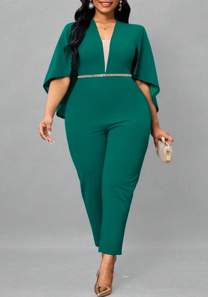 Plus Size Women Sexy Solid Bat Cape Sleeve V Neck Jumpsuit 3