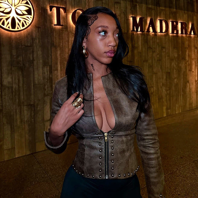 Women Autumn/Winter Pu-Leather Half-Open Collar Zippered Rivet Waist Crop Jacket 21