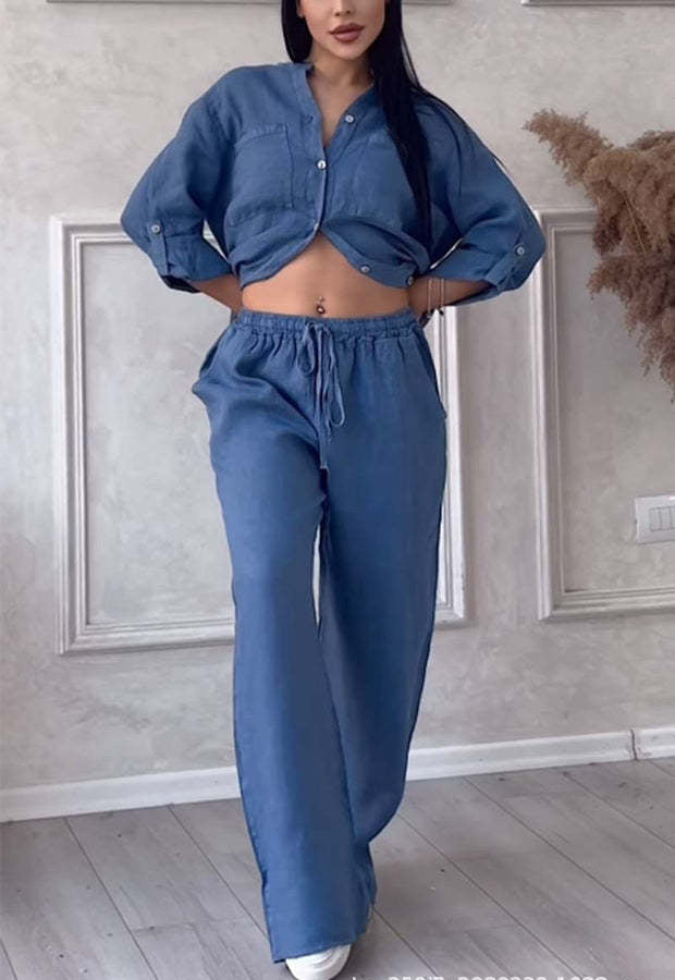 Women Casual Solid Shirt Wide Leg Pants Two Piece Set 5