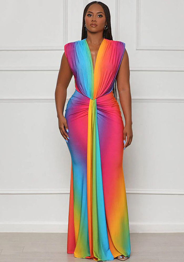 Fashion Women's Sleeveless Printed Sexy Deep V Slim Dress