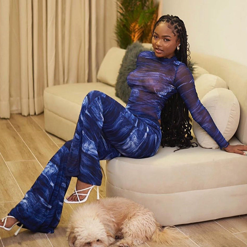 Women's Fashion Print Long Sleeve Top See-Through Bell Bottom Mesh Pants Fashion Two Piece Set