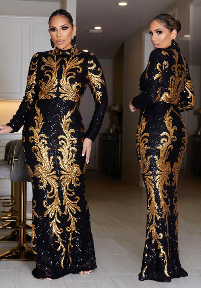 Women Sequin Long Sleeve Bodycon Fishtail Dress