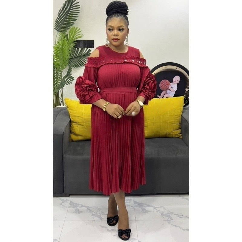 Beaded Cutout-Shoulder Pleated African Chic Loose Dress 13