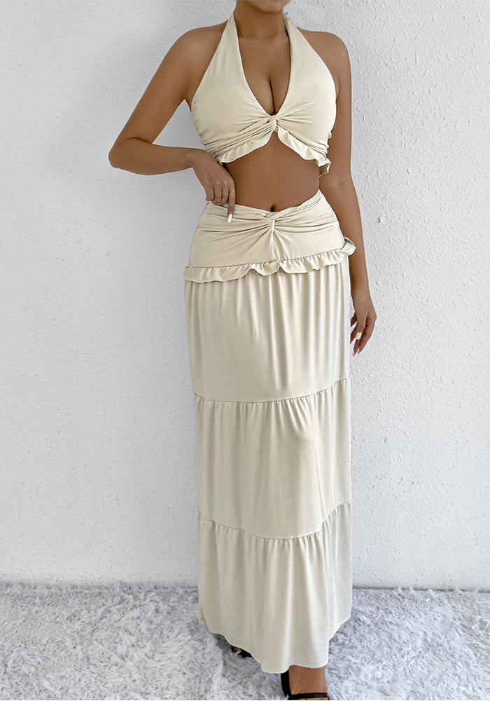 Summer Women's Fashion Sexy Halter Neck Top Low Waist Long Skirt Two piece Set