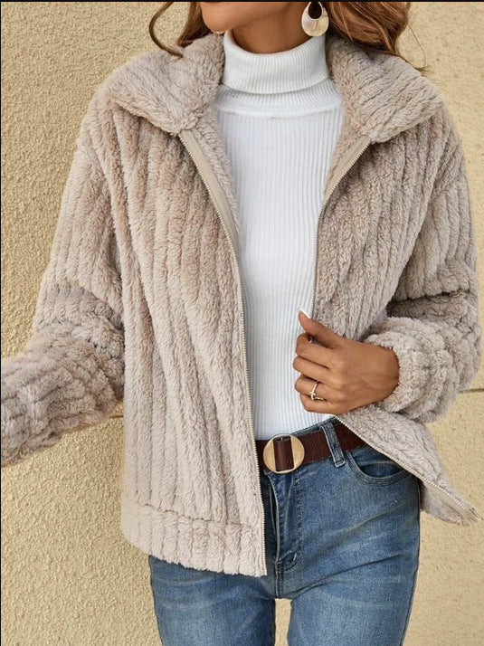 Women's Autumn and Winter Ribbed Plush Cardigan Turndown Collar Jacket 15