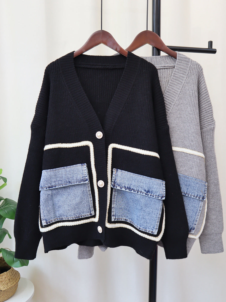 Autumn And Winter Denim Pocket Knitting Cardigan Loose Chic Wool Coat 7