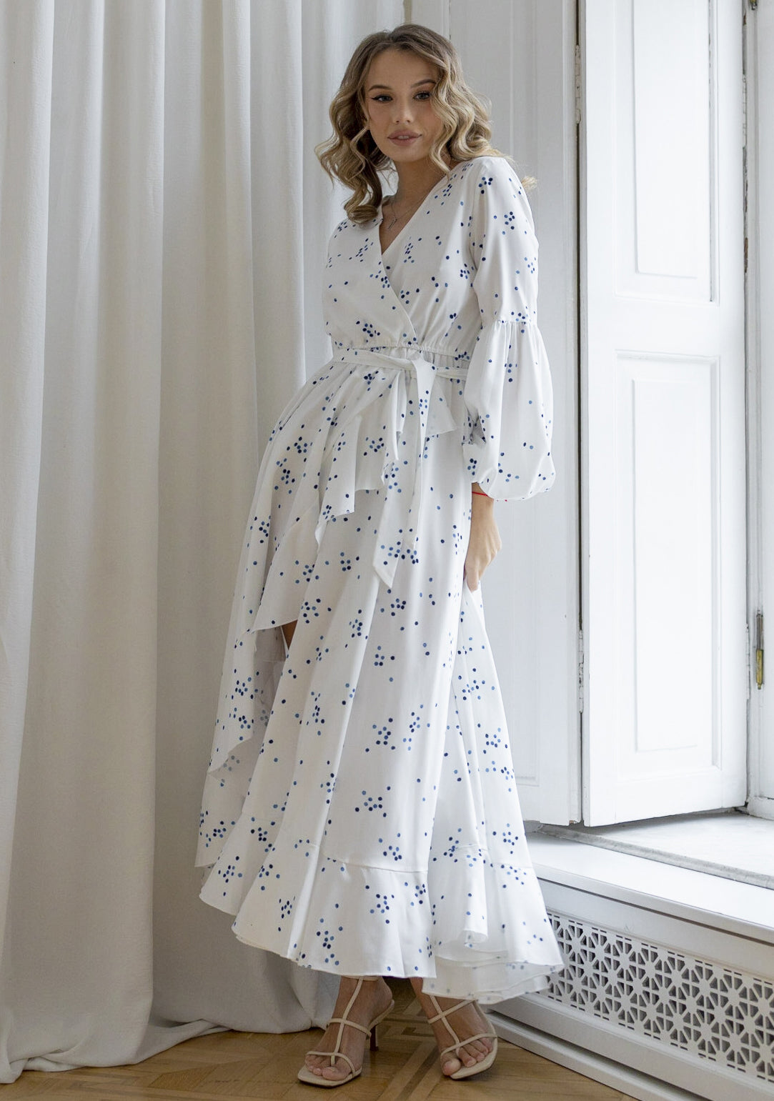 Lantern Sleeve Polka Dot Slim Waist Ruffled Long Dress