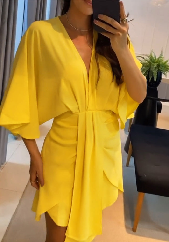 Women's solid color Bat Sleeves V-neck Slim Waist irregular dress