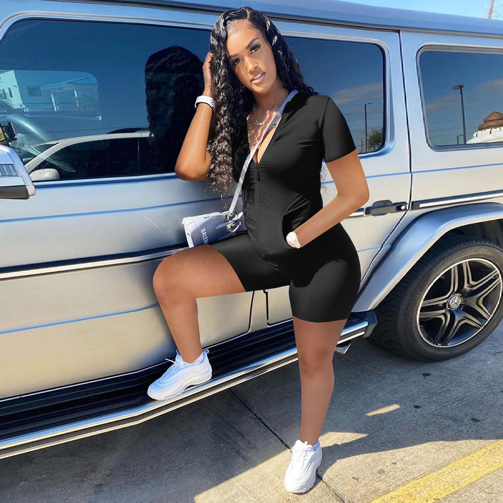 Women Summer Casual Solid Zipper Top and Shorts Two-Piece Set 8