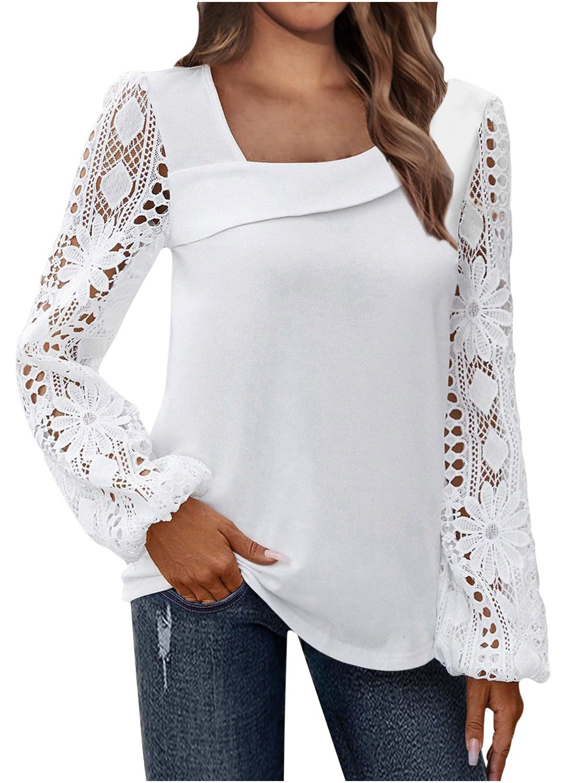 Women's Spring And Autumn Fashionable Elegant Lace Patchwork Knitting Shirt Top 6