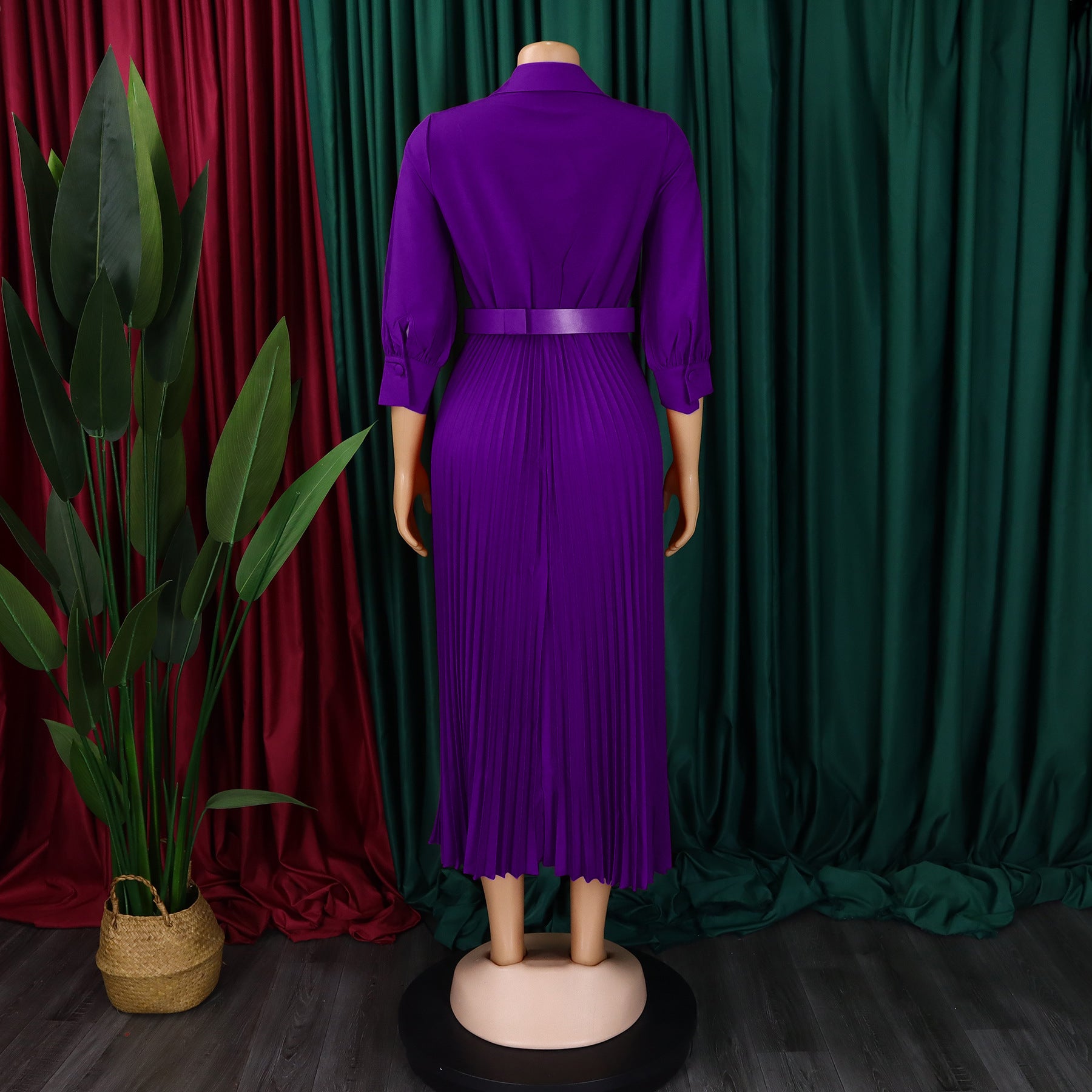 Spring V-Neck Solid Long Sleeve Pleated Dress for Women 19