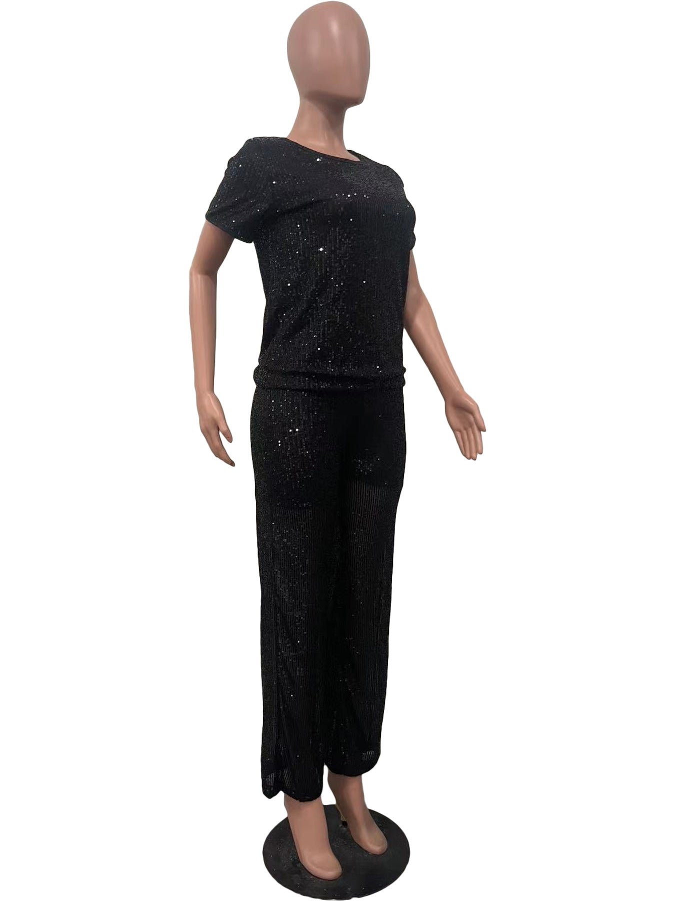 Women Spring Summer Sequin Solid Short Sleeve Top and Pants Two-piece Set 21