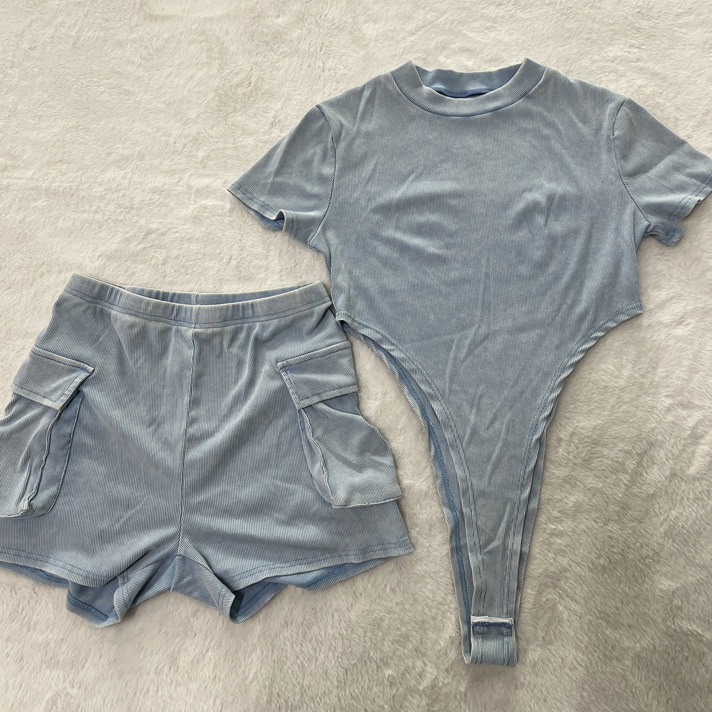 Women's Casual Solid Color  Short Sleeve Bodysuit Shorts Two Piece Set 20