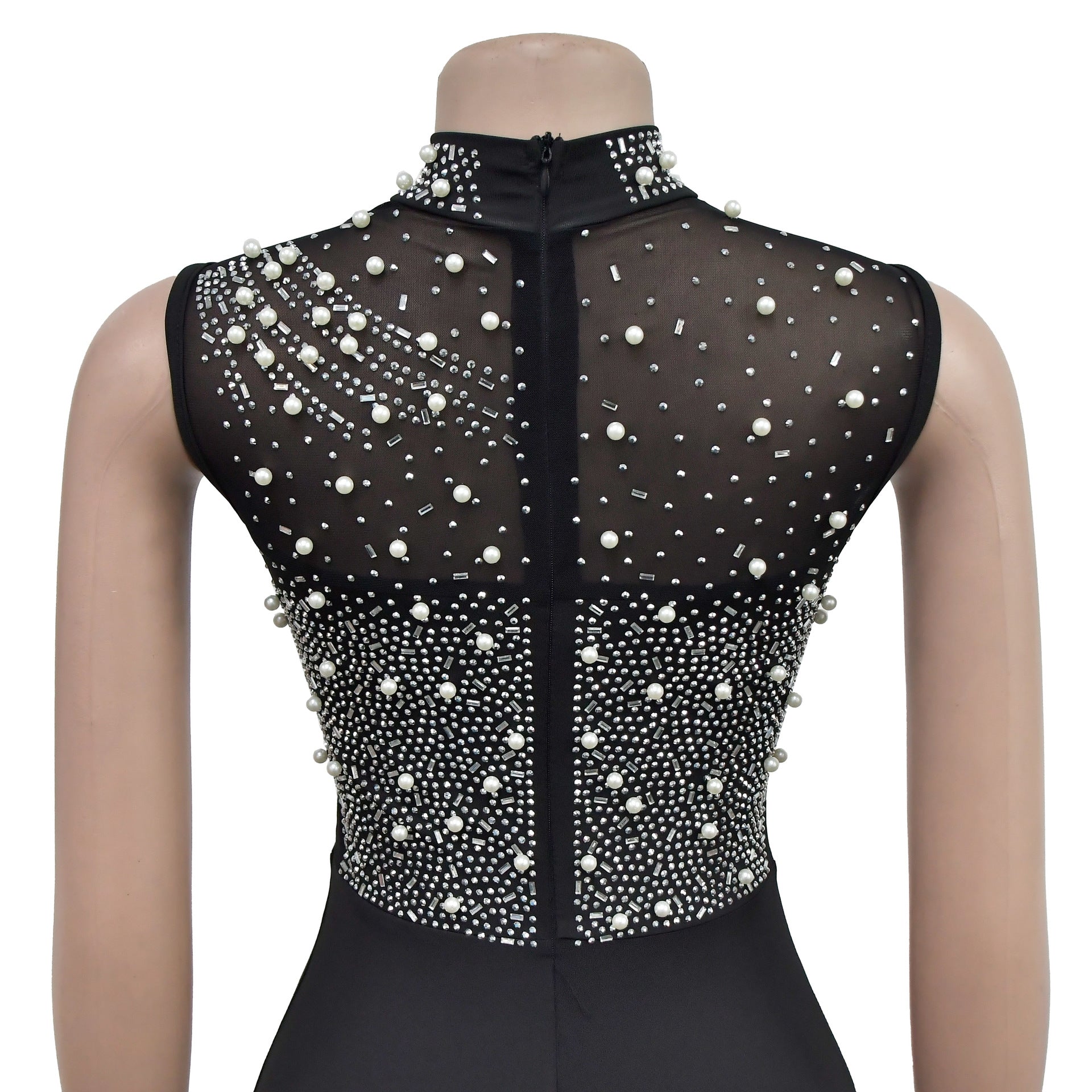 Fashion Women's Solid Color Beaded Mesh Sleeveless Long Dress 22