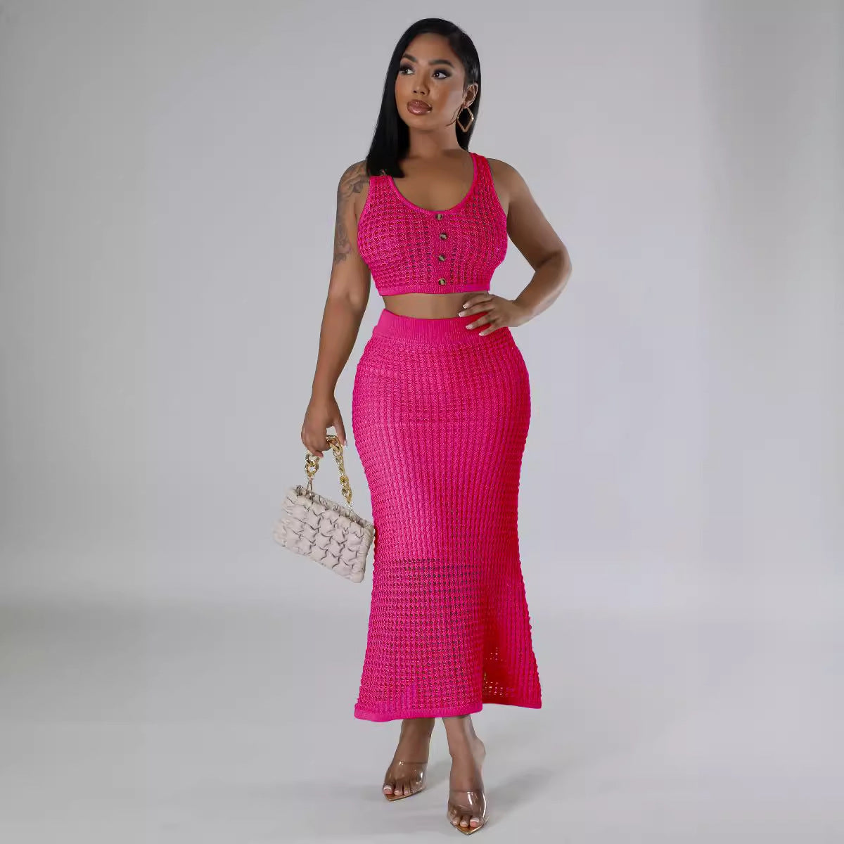 Women tassel fishnet knitting Casual Top and Skirt two-piece set 8