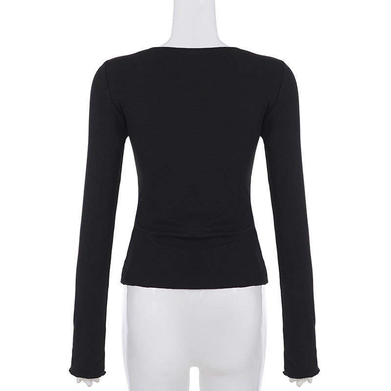 Black & White Contrast Fake Two-Piece Slim Waist Button-Down Long-Sleeve T-Shirt 22