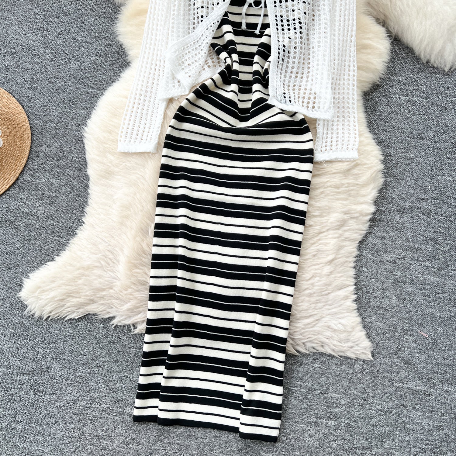 Tie Up Cardigan Low Back Strap Slim Fit Chic Stripes Knitting Dress 10