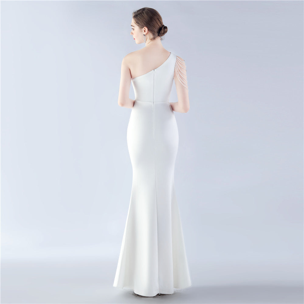 Women Elegant Beaded Satin One Shoulder Slash Shoulder Formal Party Maxi Evening Dress 9