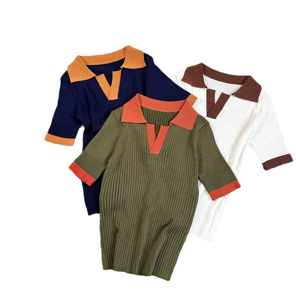 Women French Polo Neck Contrast Knittin Summer Short Sleeve Top 8