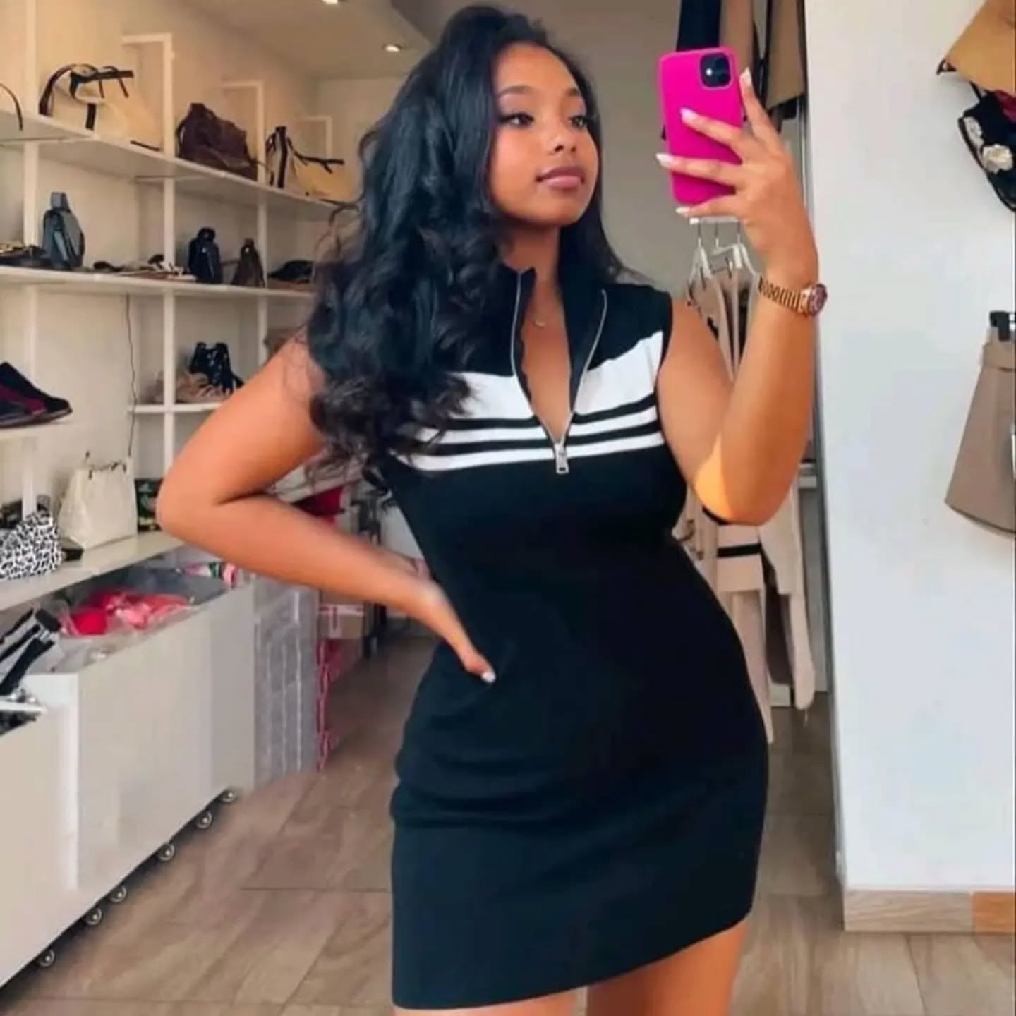 Women Polo Neck Striped Knitting Summer Sexy Bodycon Dress 3