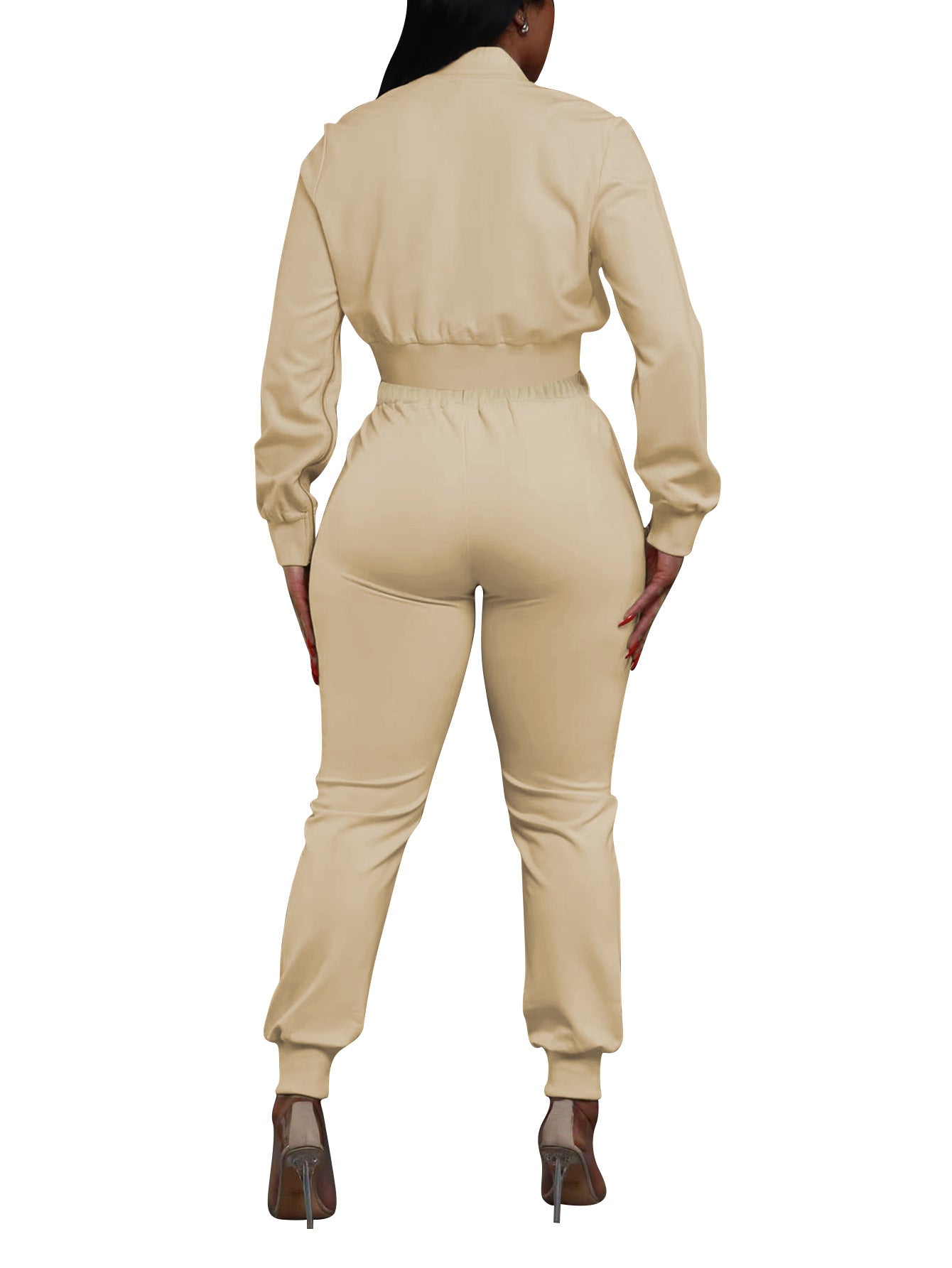 Women's Solid Color Casual Baseball Jacket Single-Breasted Long Sleeve Zipper Top and Sport Pants Two-Piece Set 4