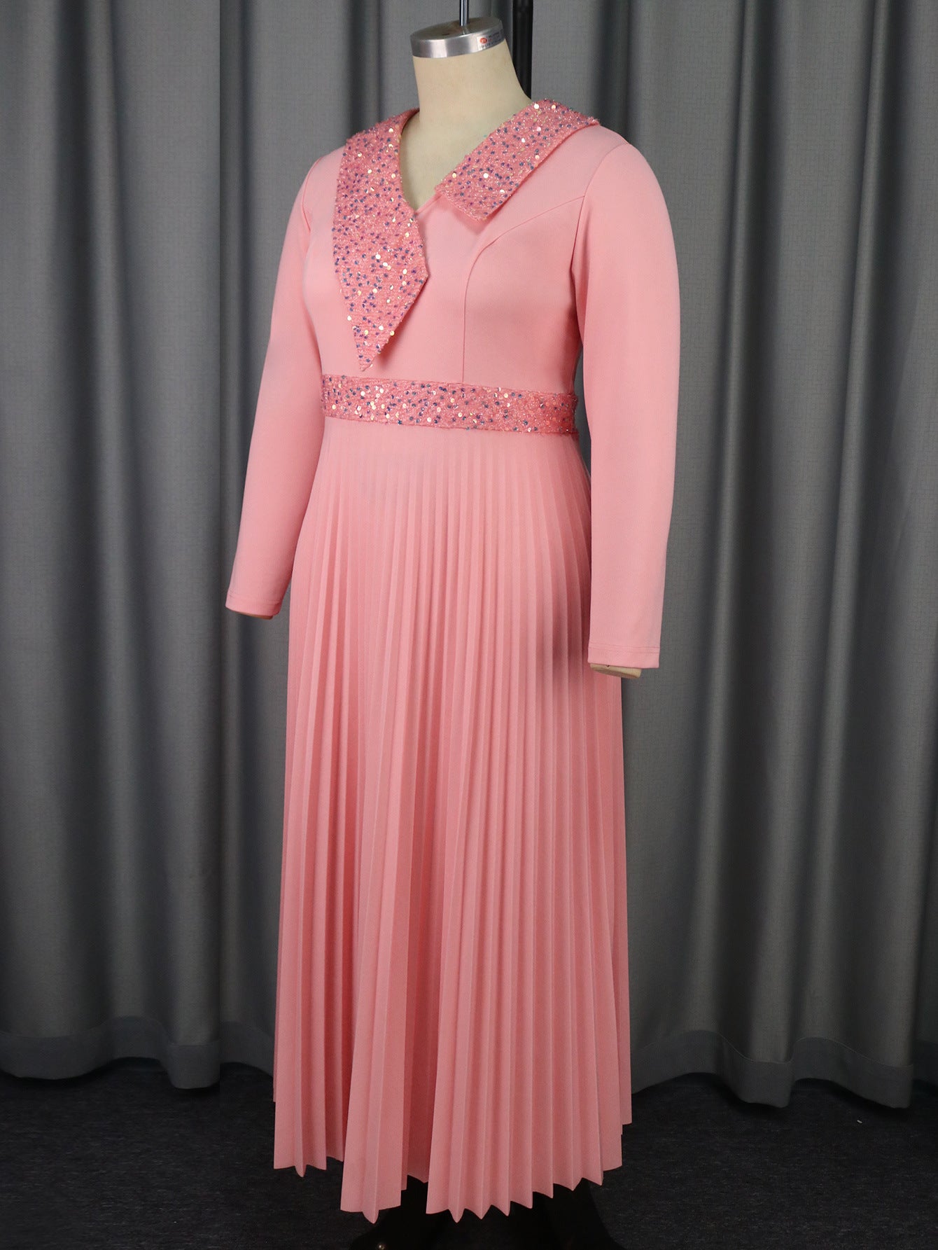 Women pink sequined v-neck pleated party dress 11
