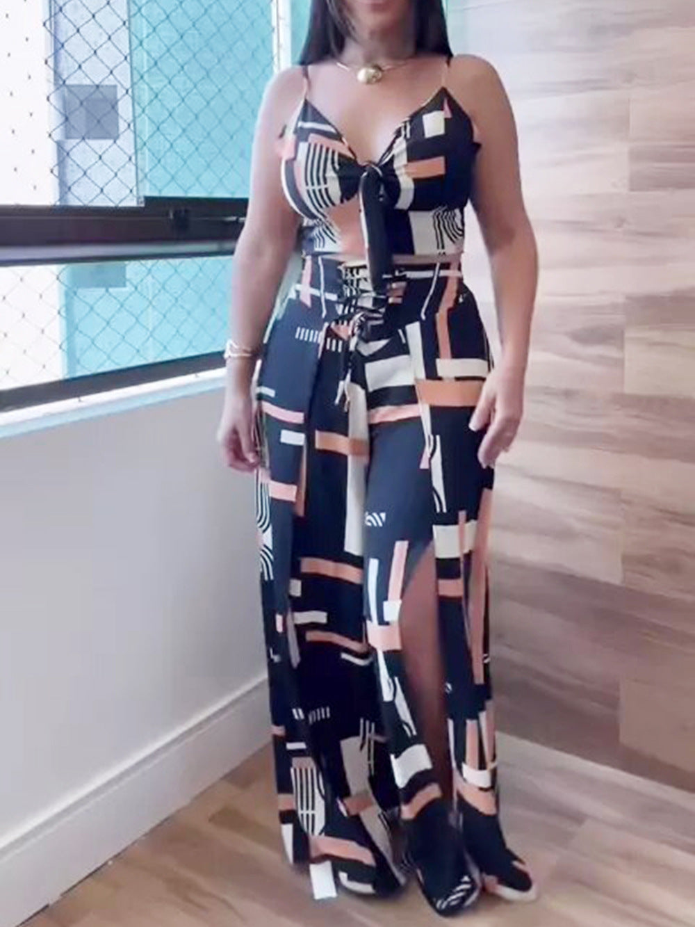 Women Printed Suspender Top and Wide Leg Pants Two-piece Set 6