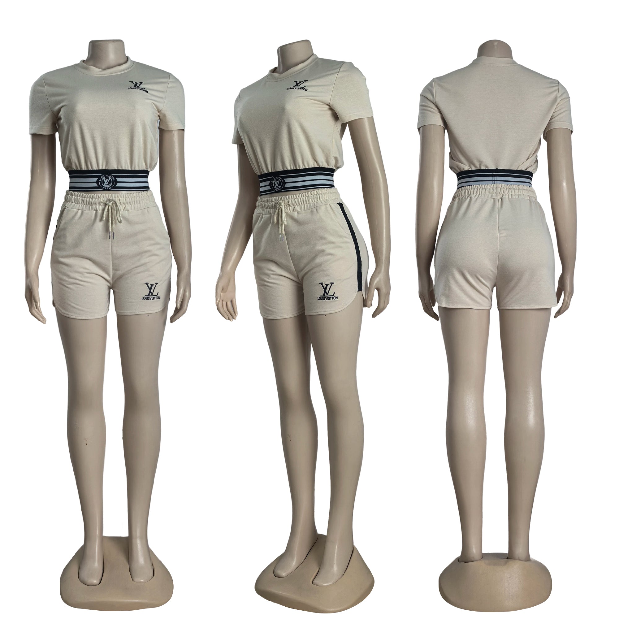 Women's Fashion Casual Cotton Trendy Embroidered Embossed Ribbon Short-Sleeved Shorts Set 9