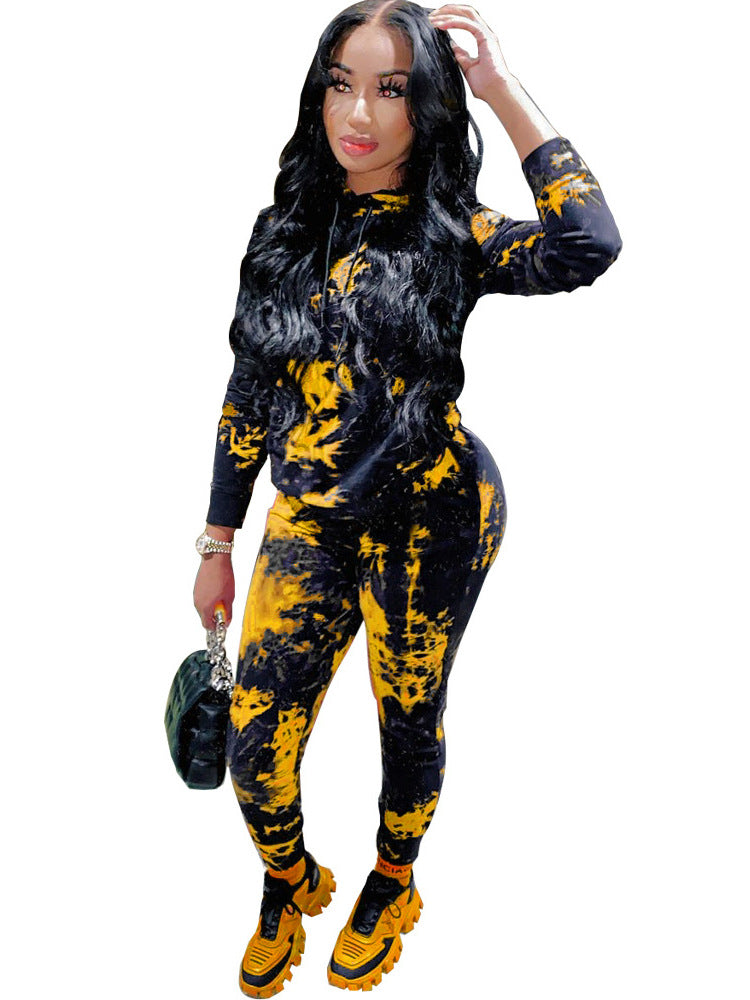 Women Fall/Winter Tie-Dye Hooded Top and Pant Two-Piece Set 8